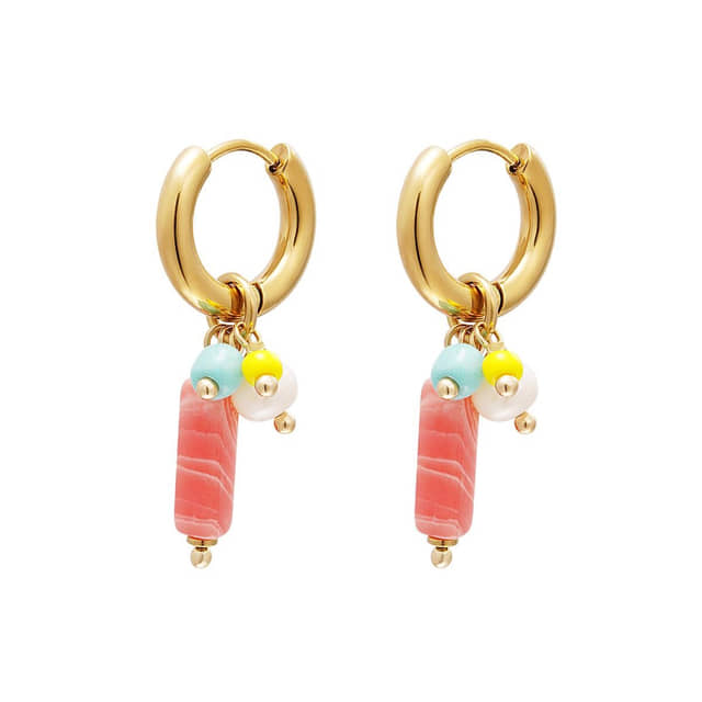 Charlery Oorbellen Louise roze parel kralen goud hoops natuursteen
