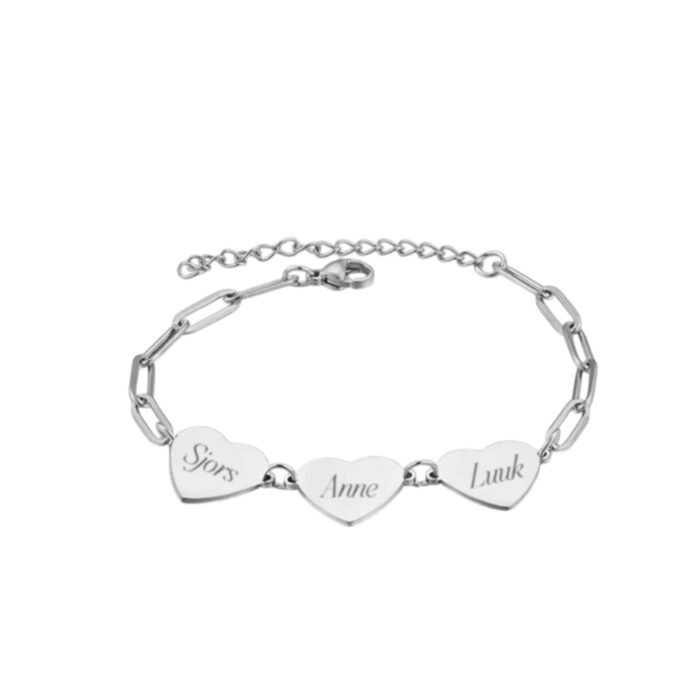 Hart Schakelarmband met 3 Namen zilver