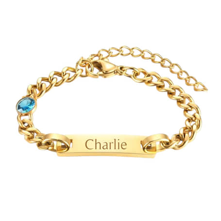 Kinder Naam Armband met Geboortesteen December goud gegraveerd