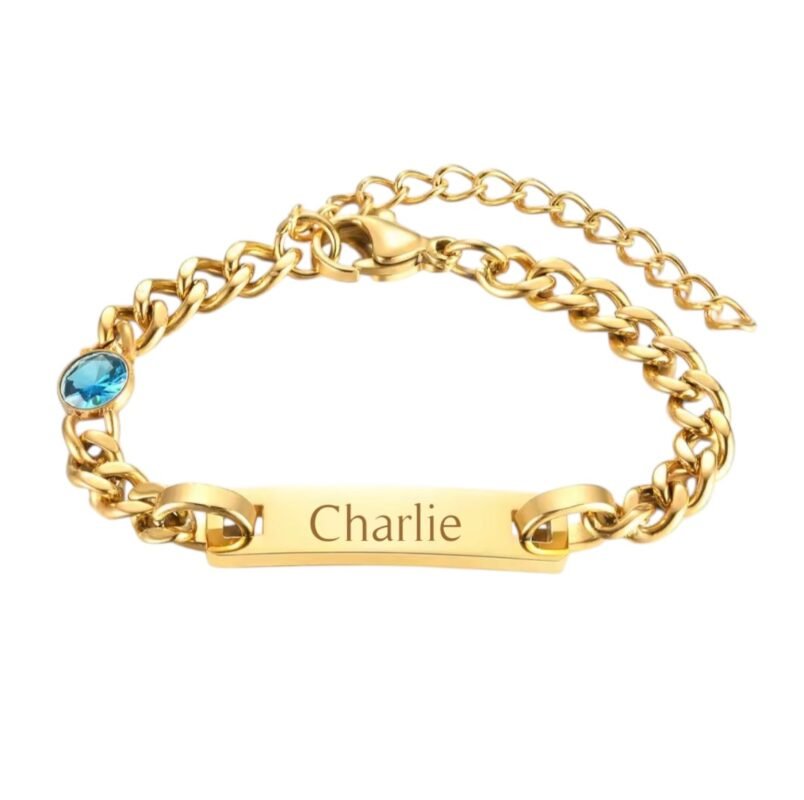 Kinder Naam Armband met Geboortesteen December goud gegraveerd