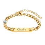 Kinder Naam Armband met Geboortesteen Maart goud gegraveerd