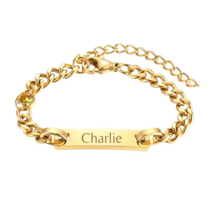 Kinder Naam Armband met Geboortesteen November goud gegraveerd