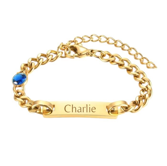 Kinder Naam Armband met Geboortesteen September goud gegraveerd